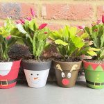 Finished pots painted on plant pot painting workshop. Designs feature Christmas designs, a red santa, white snowman, brown reindeer and green and red elf designs. Each pot contains a Christmas cacti.