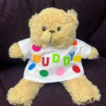 Teddy bear in "Buddy" T shirt made in charity team building activity.