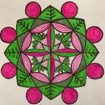 Pink and green nature mandala drawing featuring green leaves and pink circles, drawn in corporate art class.