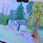 Watercolour painting of a house and trees.